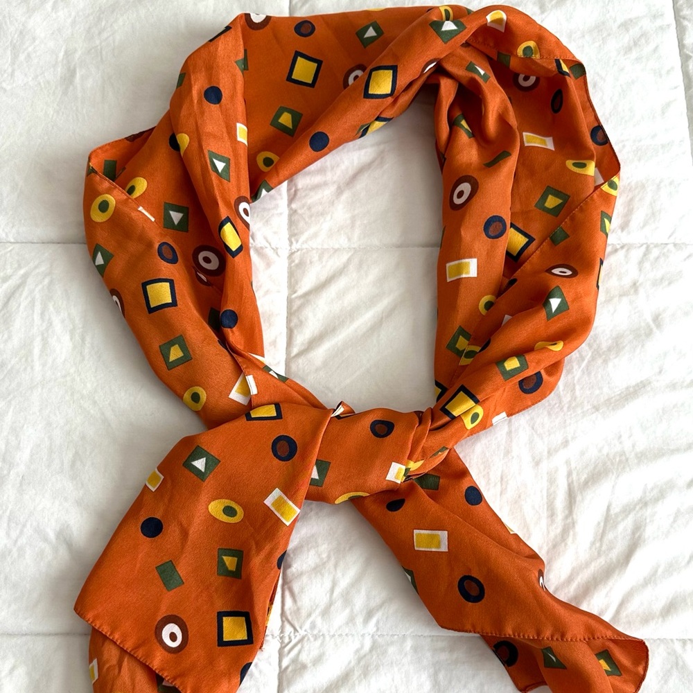 VINTAGE MADE IN ITALY~Orange Abstract Printed Satin Neck Scarf Lightweight